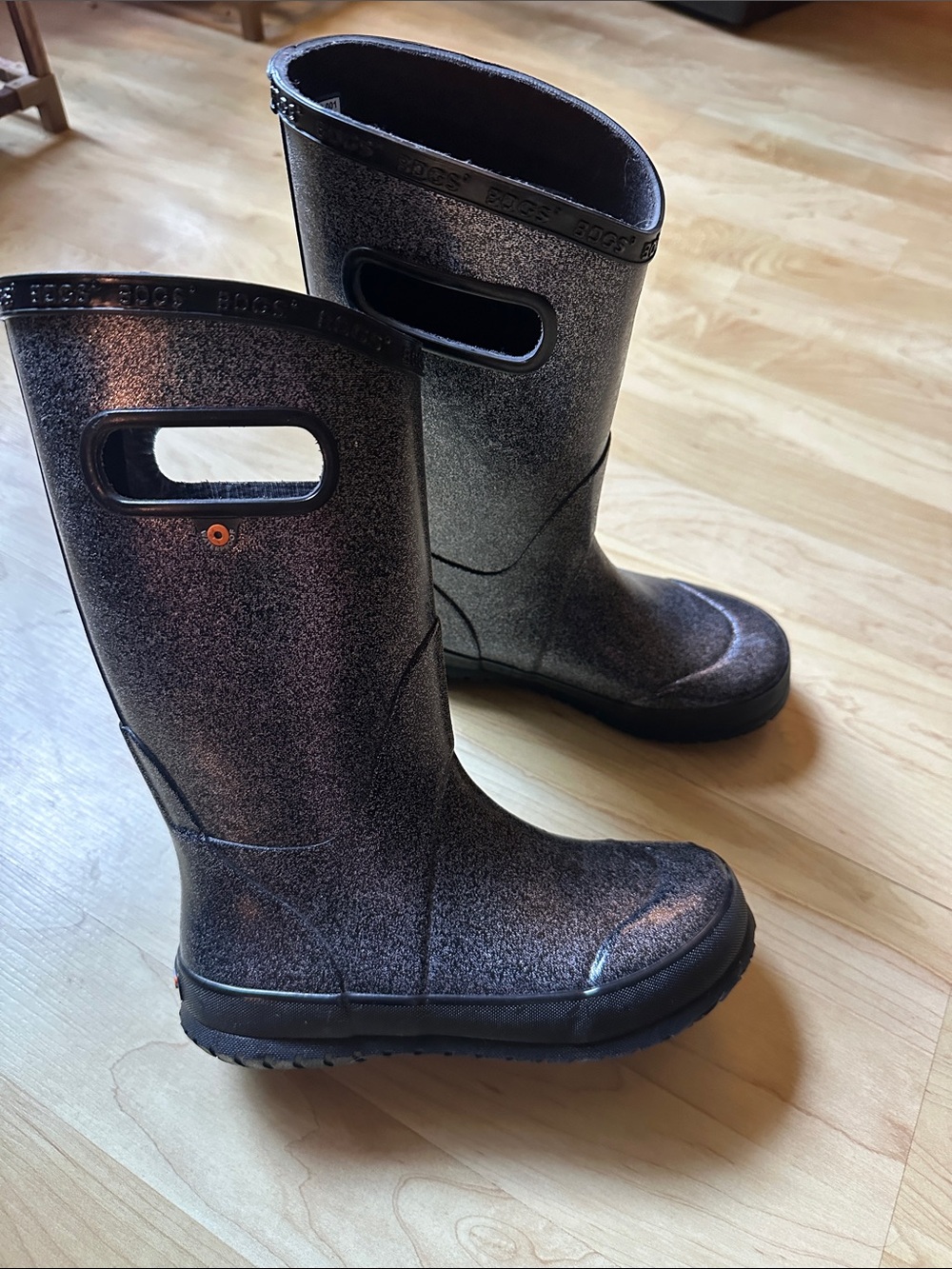 Bogs Kids Metallic Black Glitter Rain Boots with Handles
